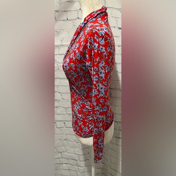 ANN TAYLOR Tops and Blouses Floral Shawl Collar Wrap Top Vermillion Kiss XSP - Picture 2 of 6